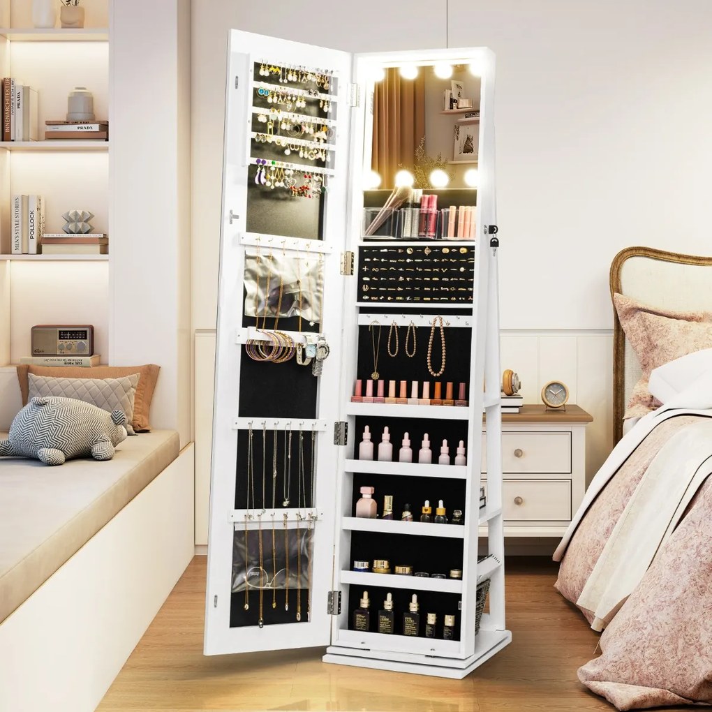 Armário giratório para joias 360°com espelho de corpo inteiro 43 x 38 x 160 cm iluminado e prateleiras traseiras 3 caixas Branco