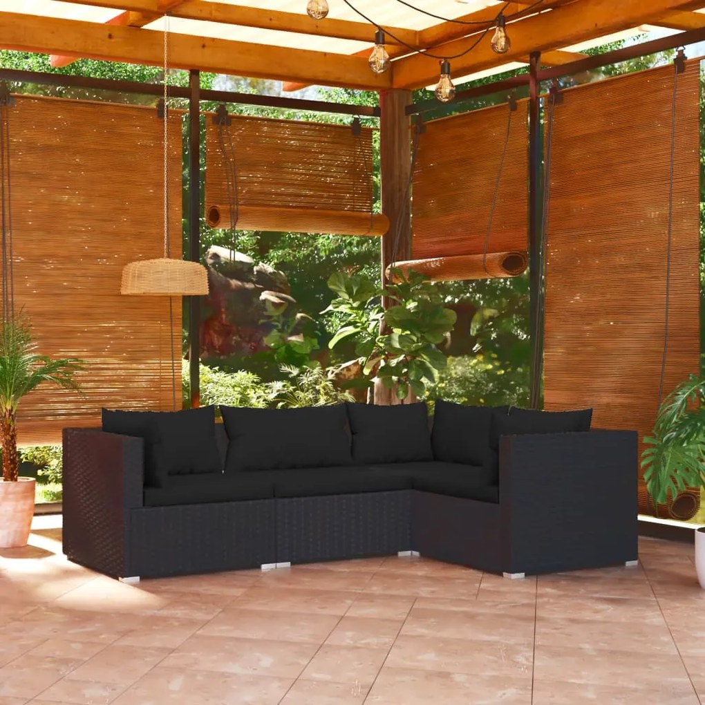 vidaXL 4 pcs conjunto lounge de jardim c/ almofadões vime PE preto