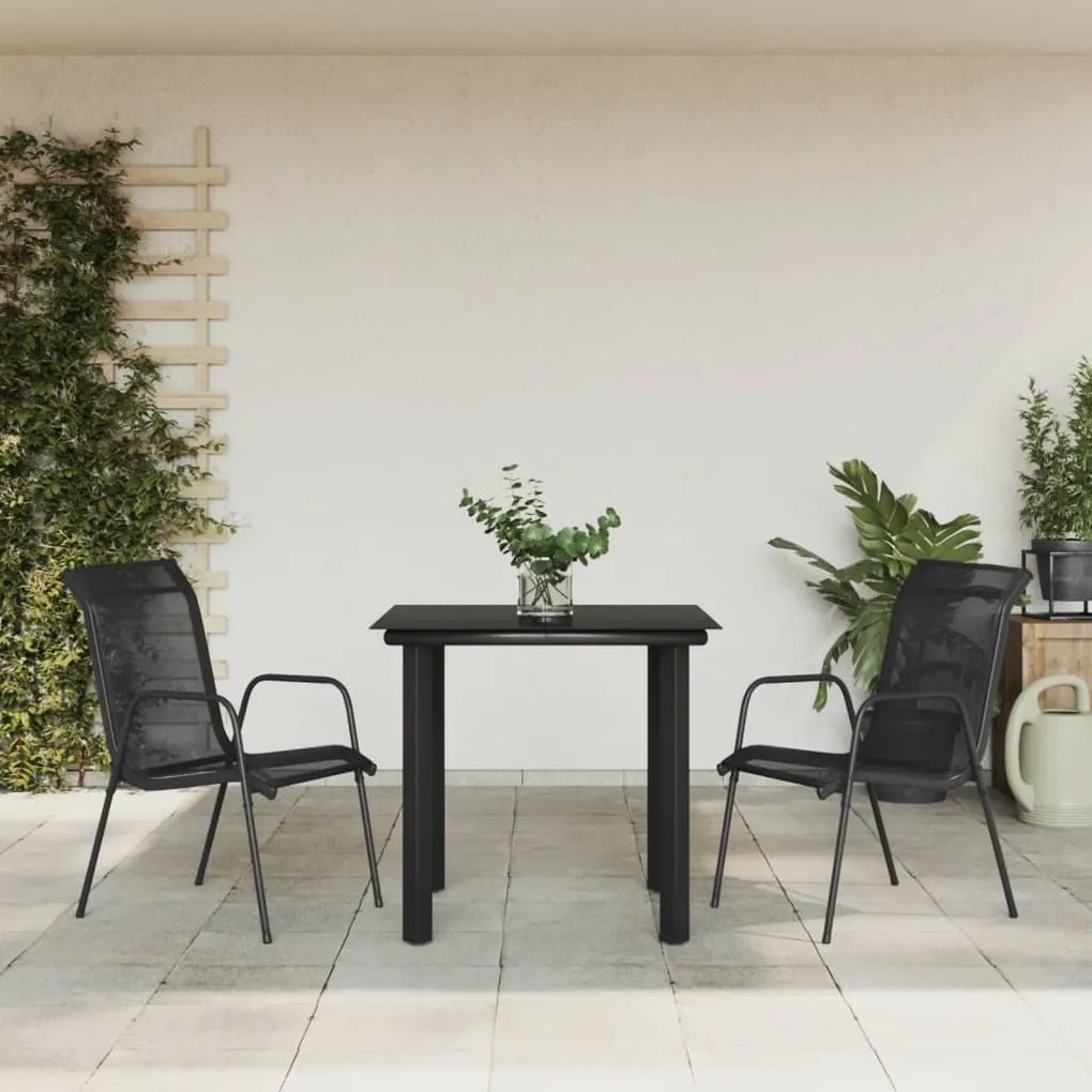 3 pcs conjunto de jantar para jardim aço e textilene preto