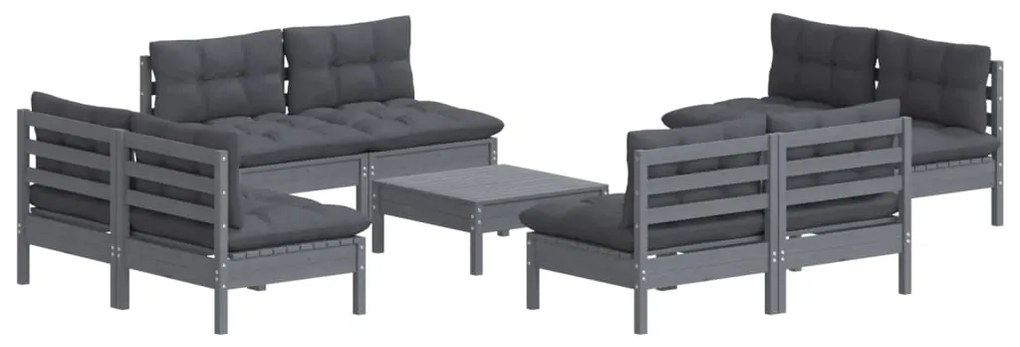 9 pcs conj. lounge de jardim com almofadões antracite pinho