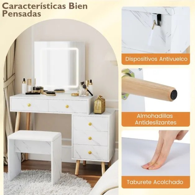 Toucador com espelho e luzes 3 luzes ajustáveis 5 gavetas e banco acolchoada Acabamento em mármore artificial branco