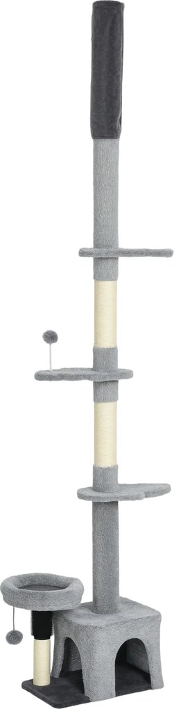 PawHut Arranhador para Gatos para Fixar ao Teto Altura Ajustável 225-255 cm em Pelúcia 48x30x255 cm Cinza | Aosom Portugal