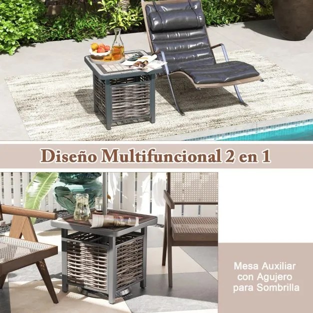 Mesa jardim de rattan PE com tampo de resina Estrutura metálica com furo para guarda-sol 55 x 55 x 50 cm Preto e Castanho