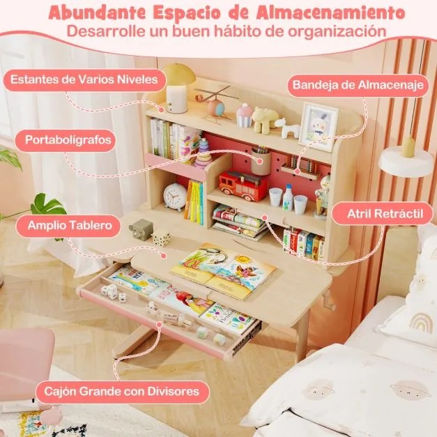 Secretária infantil 100 x 60 x 111-135 cm com estante e gaveta em altura com superfície inclinável Prateleiras Atril e porta-lápis Rosa