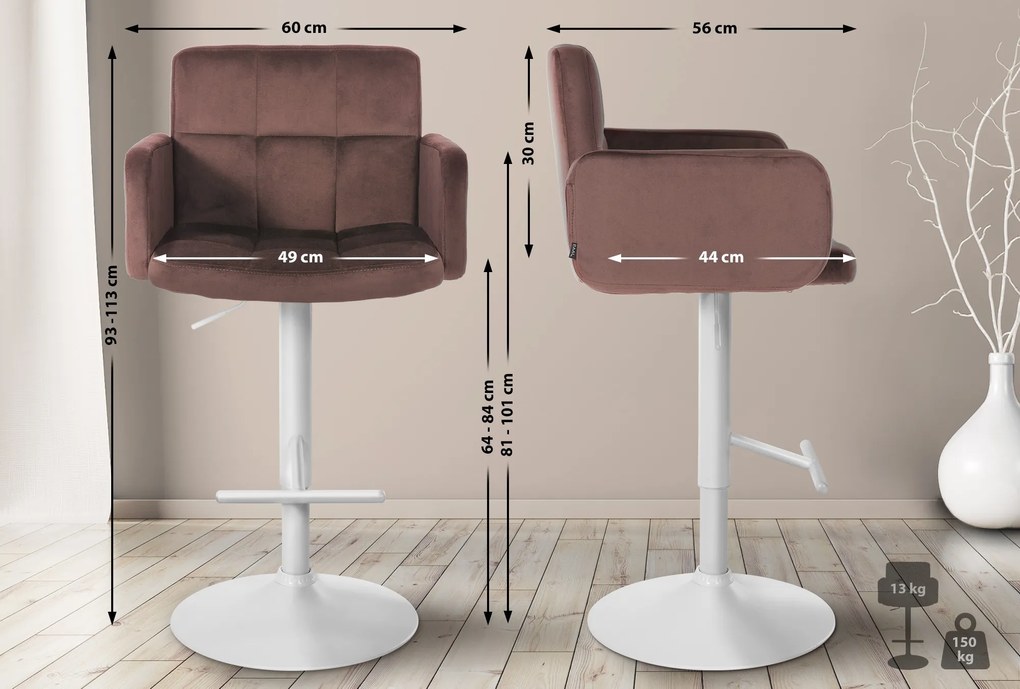 Banco de bar Los Angeles em veludo com estrutura branca 93-113 x 60 x 56 cm Castanho