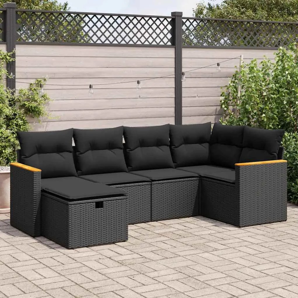 6 pcs conjunto sofás de jardim c/ almofadões vime PE preto