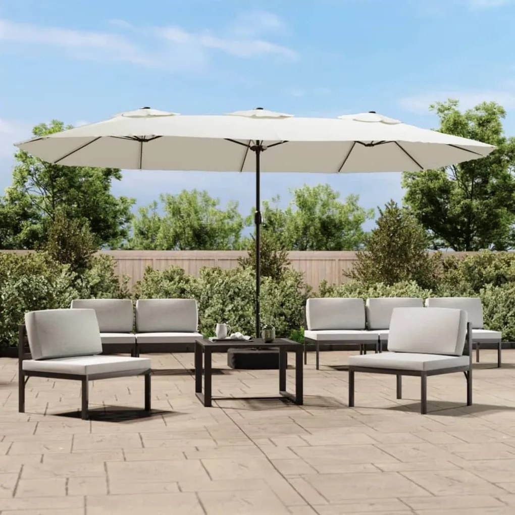 Guarda-sol de jardim c/ cabeça dupla/LED 449x245cm branco areia