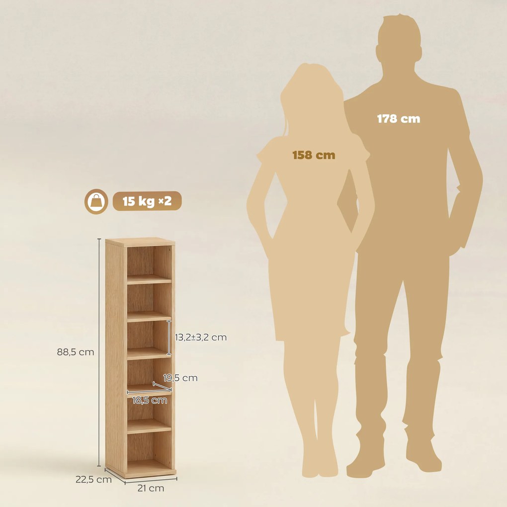 Conjunto de 2 prateleiras verticais para arrumação de CDs e DVDs, com 12 compartimentos, 21 x 22,5 x 88,5 cm, capacidade para 204 CDs, em madeira natu