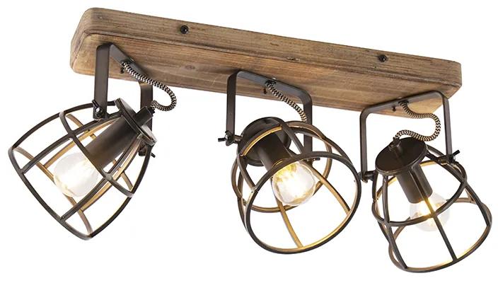Foco industrial preto com madeira ajustável 3 luzes - Arthur Industrial
