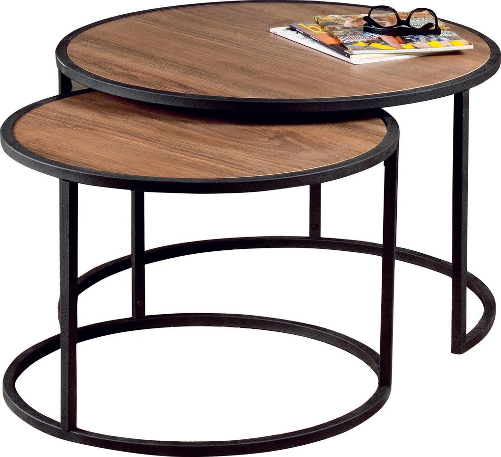 Conjunto de Mesas Tambur – Nogueira/Preto – 66x43x66 cm e 80x50x80 cm