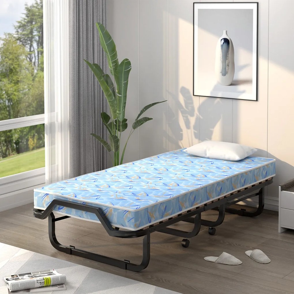 Cama de solteiro dobrável com colchão viscoelástico estrutura metálica portátil 90 x 200 x 41 cm