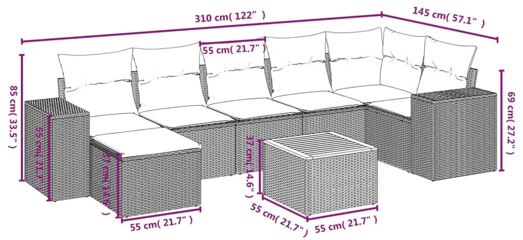 8 pcs conjunto sofás de jardim c/ almofadões vime PE cinzento