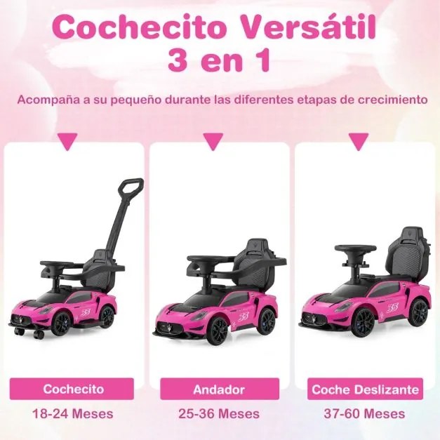 Carrinho de bebé 3 em 1 para crianças com rodas universais Volante musical com arrumação Rosa