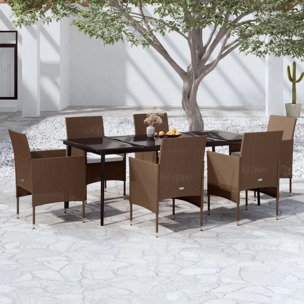 vidaXL 7 pcs conj. de jantar para jardim com almofadões castanho/preto