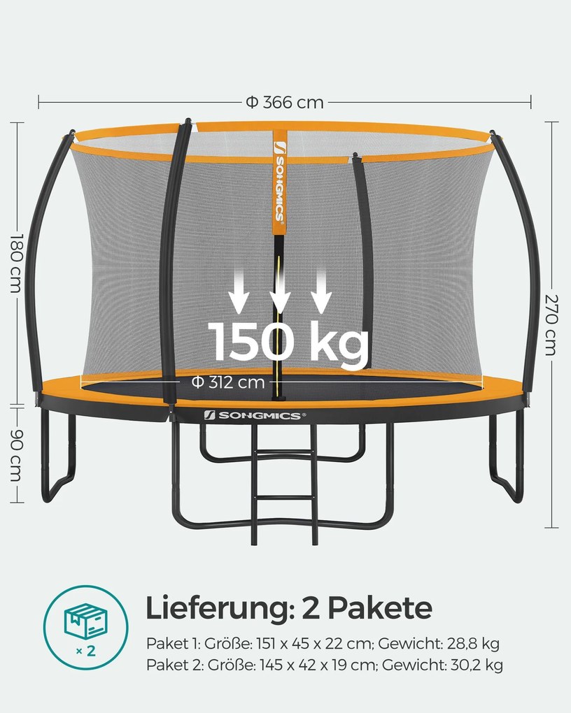 Trampolim de jardim Ø 366 cm com rede de segurança Preto-laranja