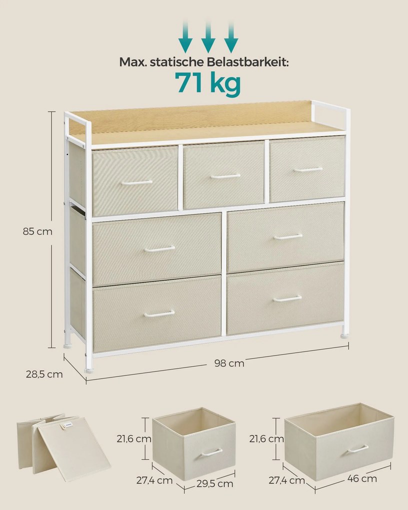 Cómoda 7 gavetas em tecido 28,5 x 98 x 85 cm creme e branco