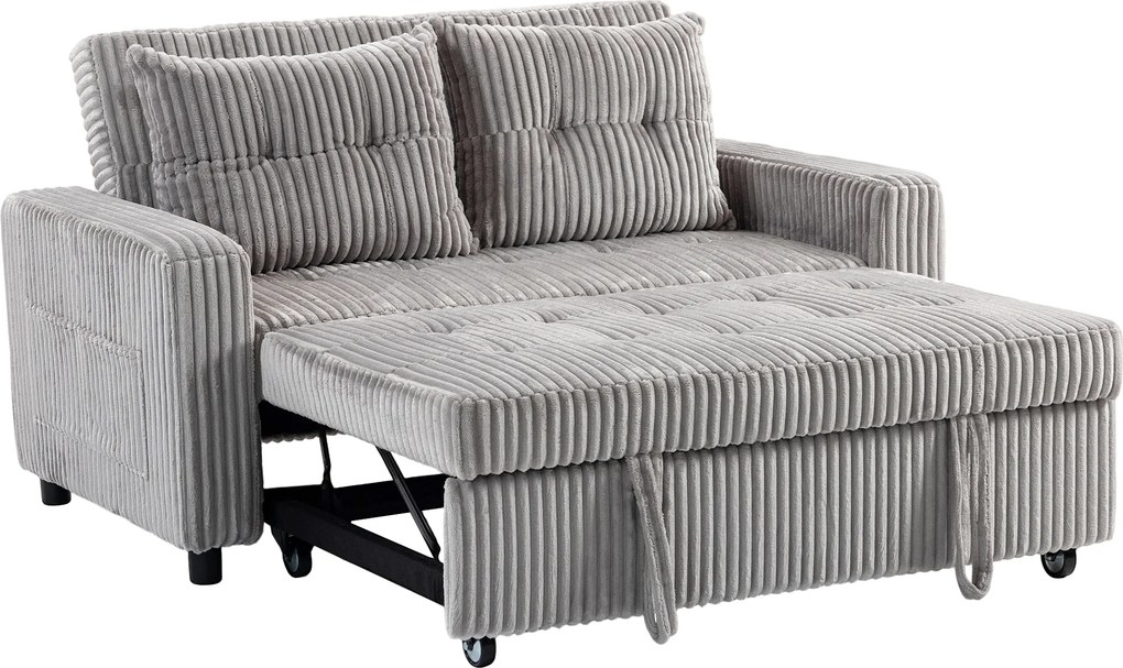 HOMCOM Cama-sofá 2 lugares, revestimento em cotelê, conversível em sofá-cama, 2 almofadas, bolsos laterais, 157 x 190 cm, Cinza claro | Aosom Portugal