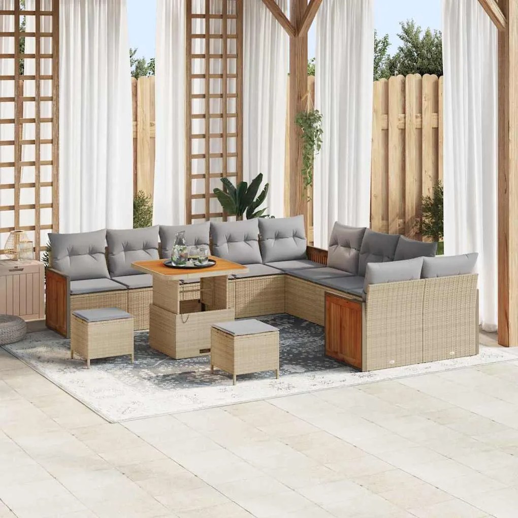 vidaXL Conjunto de sofá de jardim com 13 peças e almofadas em rattan sintético bege e madeira de acácia.