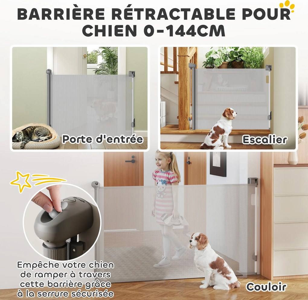 Barreira retrátil para cães, largura 149 cm, bloqueio automático - cinzenta