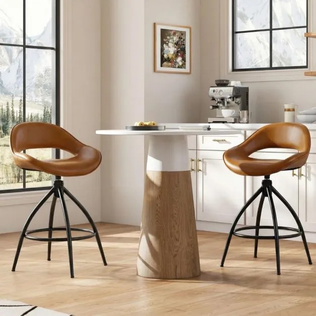 Bancos de bar giratórios, 2 unidades, altura de balcão, encosto, apoio para os pés, metal e couro sintético, para cozinha e sala de jantar, castanho