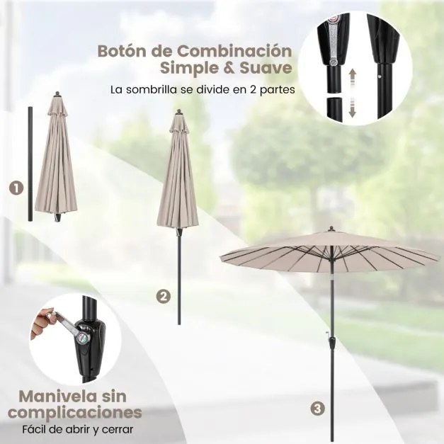 Guarda-sol redondo de 265 cm com 18 varas de fibra de vidro, botão de inclinação, manivela Bege