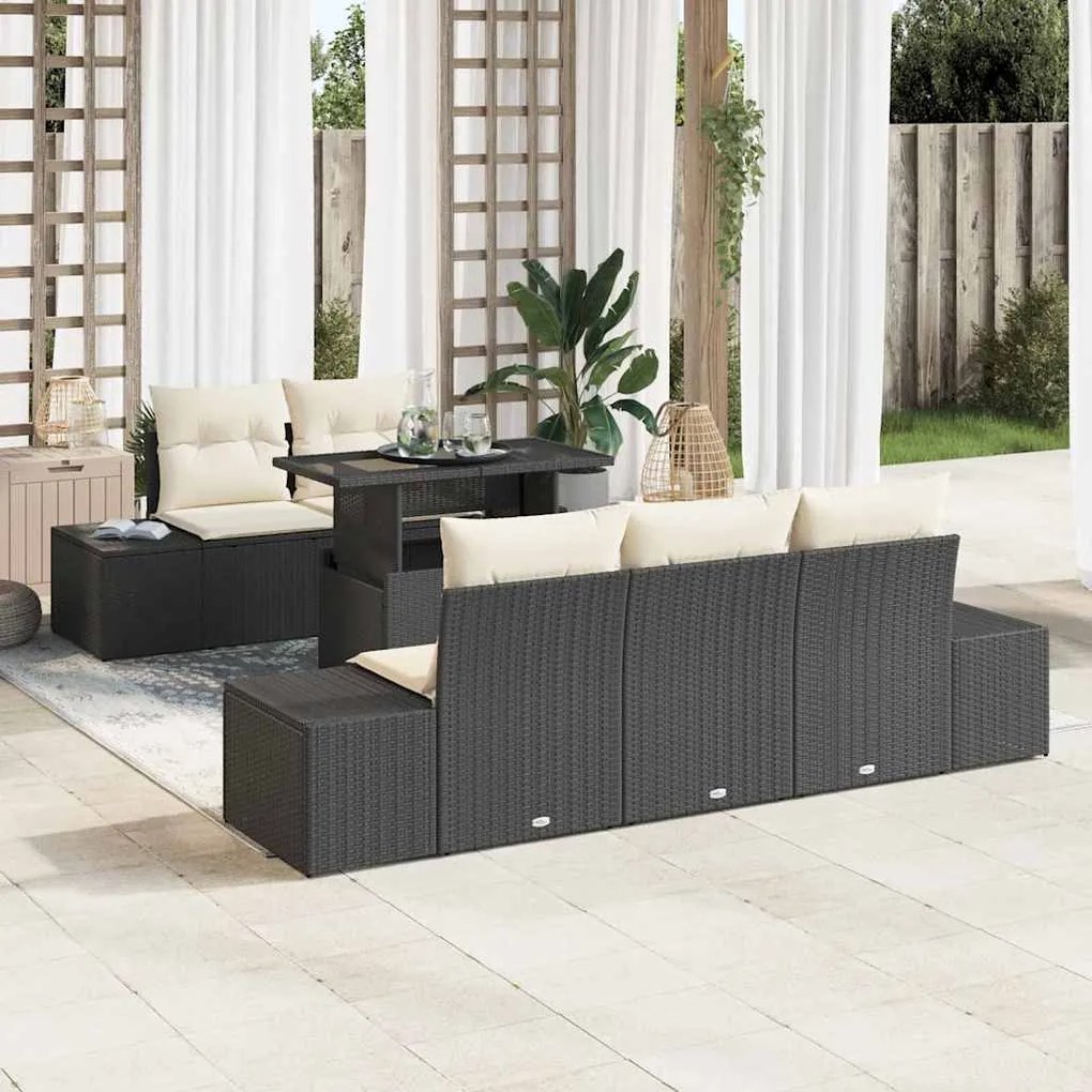 vidaXL Conjunto de Sofá de Jardim com almofada 6 pcs Preto e Creme