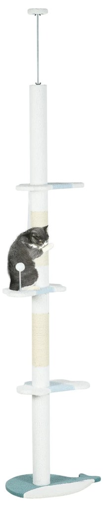 PawHut Arranhador Gatos Chão ao Teto Altura Ajustável 3 Plataformas Postes Sisal Bola Suspensa 55x38x255 cm Branco | Aosom Portugal