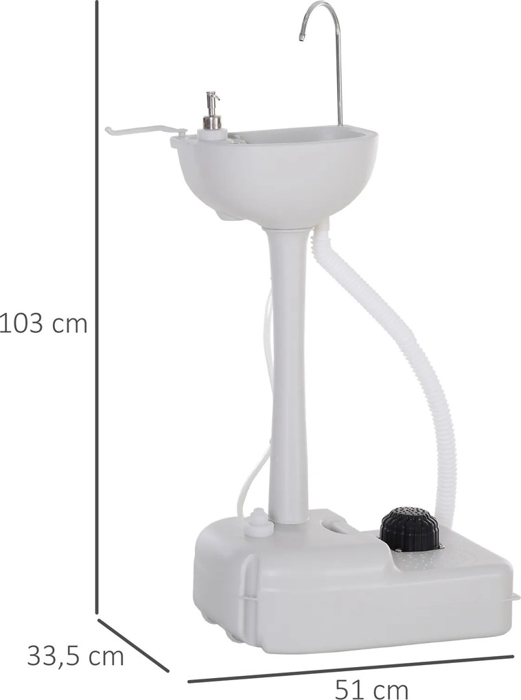 Lavatório Portátil para Campismo com Depósito de Água de 17L Dispensador de Sabão e 2 Rodas 51x33,5x103 cm Cinza Claro