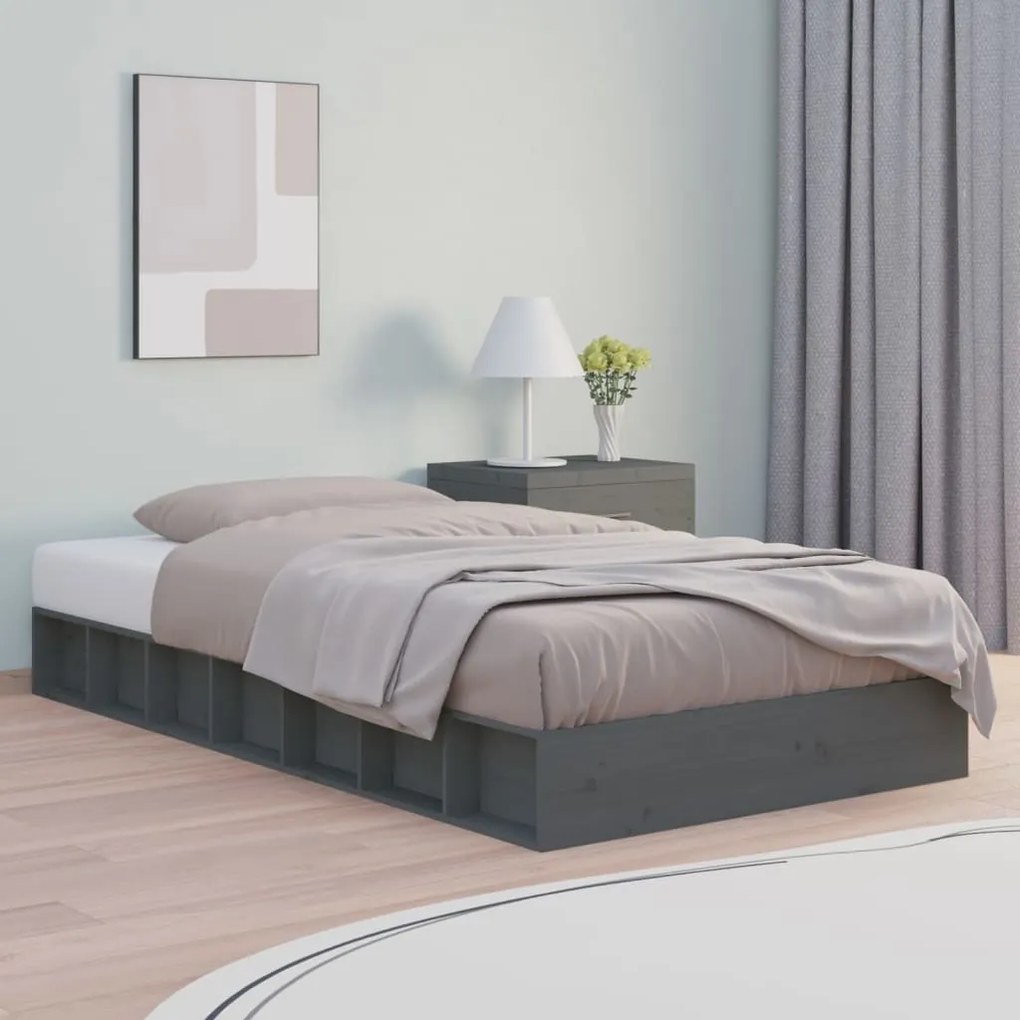 Estrutura de cama casal 135x190 cm madeira maciça cinzento