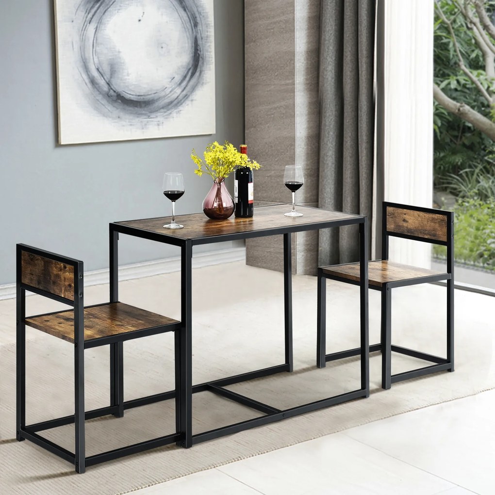 Conjunto com Mesa Compacta e 2 Cadeiras com Estrutura Metálica para Pequenos Espaços Cozinha Sala de Jantar Castanho rustico e preto