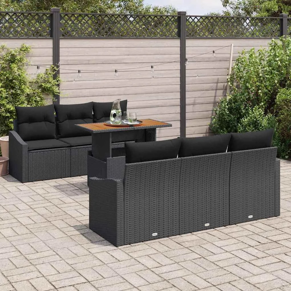 Conjunto de Jantar de Jardim com 7 Peças e Almofadas em Rattan Preto e