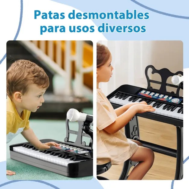 Piano eletrónico para crianças de 37 teclas com banco ajustável microfone removível suporte de música brinquedo eletrionico Preto