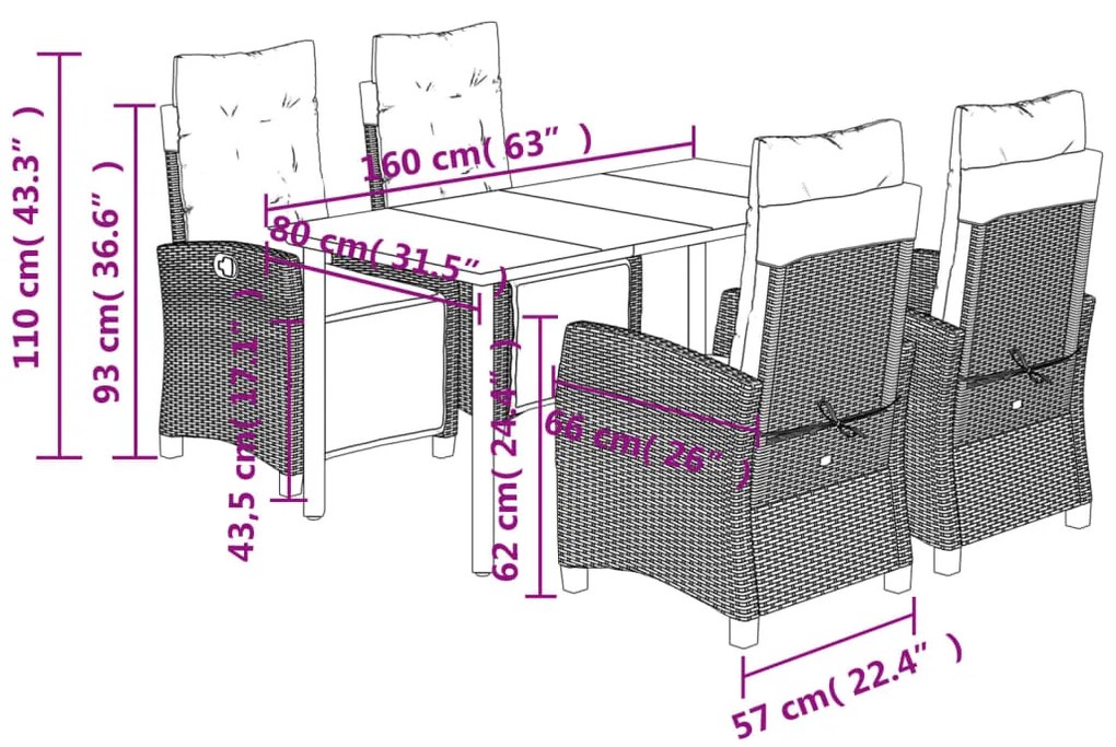 5 pcs conjunto de jantar p/ jardim com almofadões vime PE bege