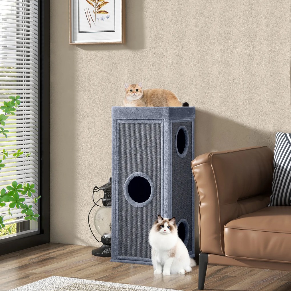 Torre para Gatos de Três Níveis, 40 x 40 x 99 cm, Painéis de Sisal Natural, Cinzento-claro