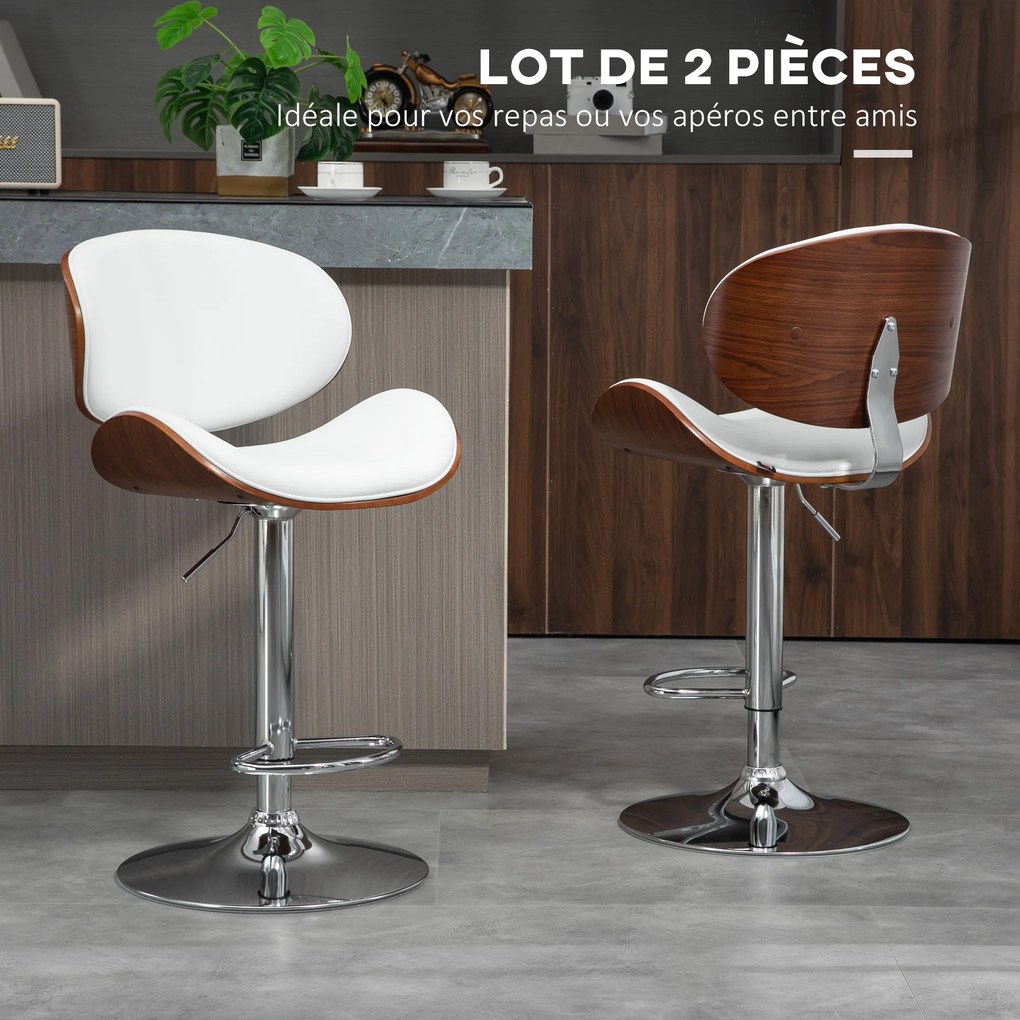Conjunto de 2 cadeiras de bar com banco regulável em altura, revestimento sintético, 53 x 52 x 92-112 cm, branco