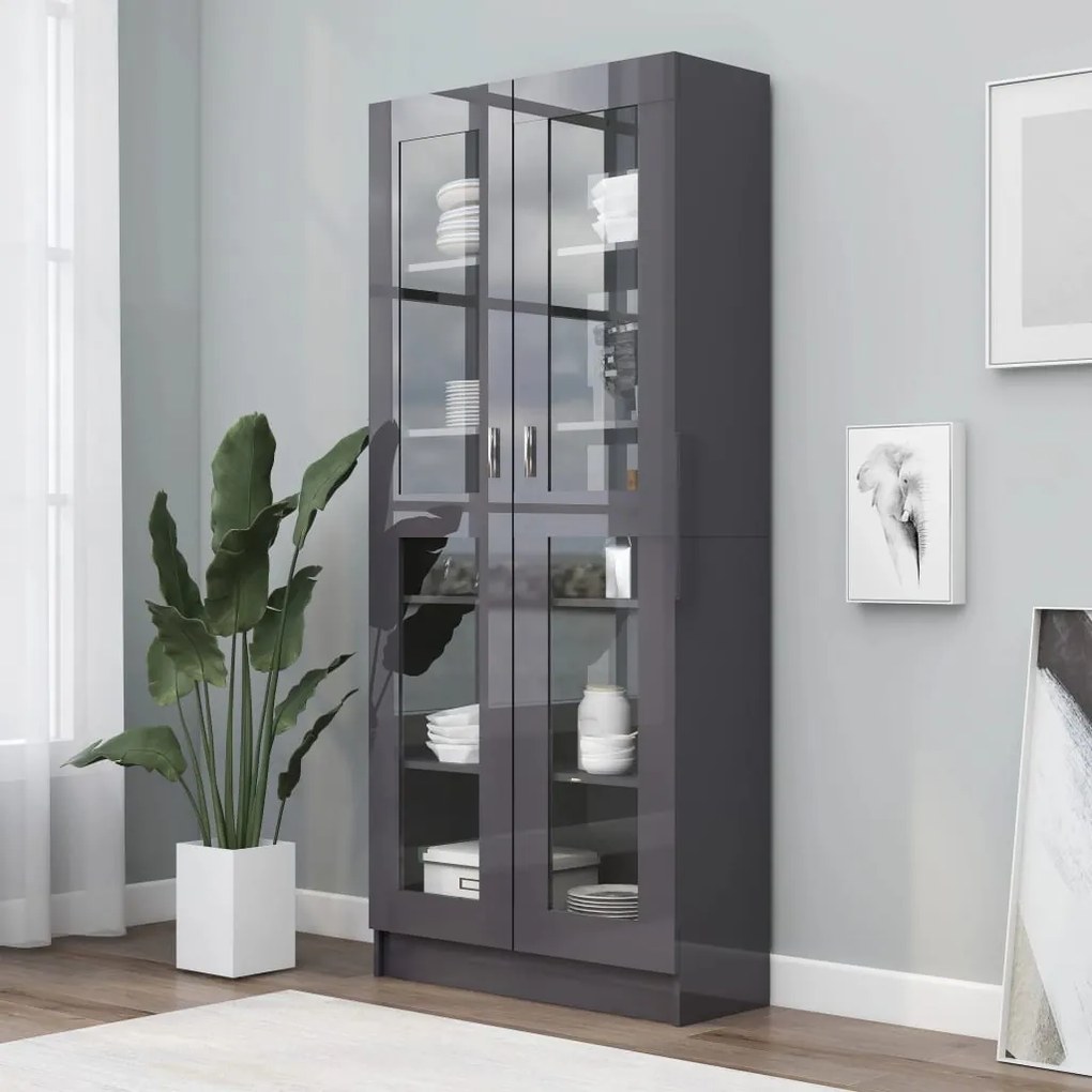 802776 vidaXL Armário vitrine 82,5x30,5x185,5cm contraplacado cinza brilhante