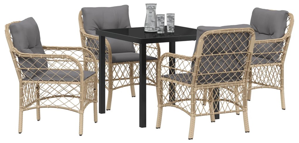 Conjunto de Jantar de Jardim de 5 Peças com Almofadas Bege Vime Poliés