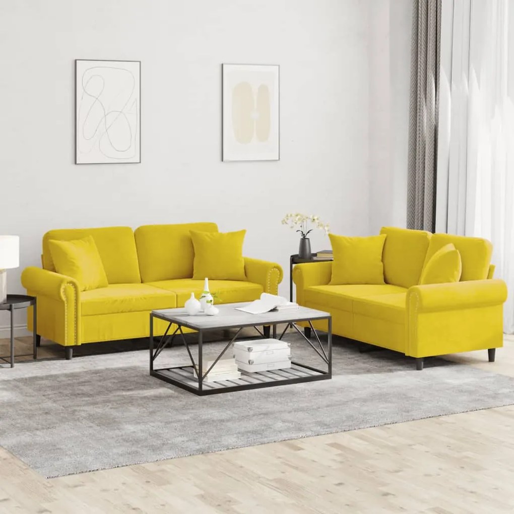 2 pcs conjunto de sofás com almofadas veludo amarelo