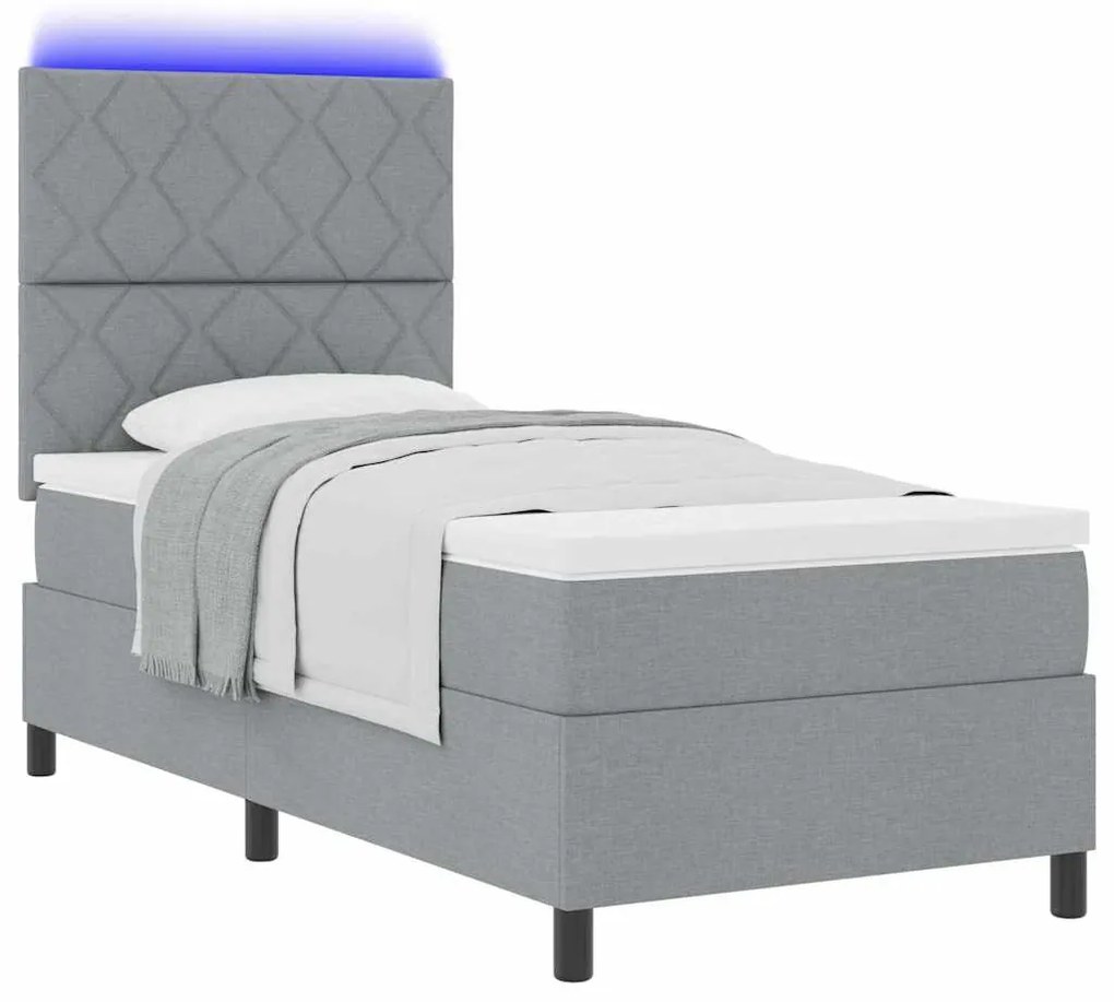 Cama Box com Colchão e Luz LED , Cinza Claro, 90 x 190 cm, Tecido