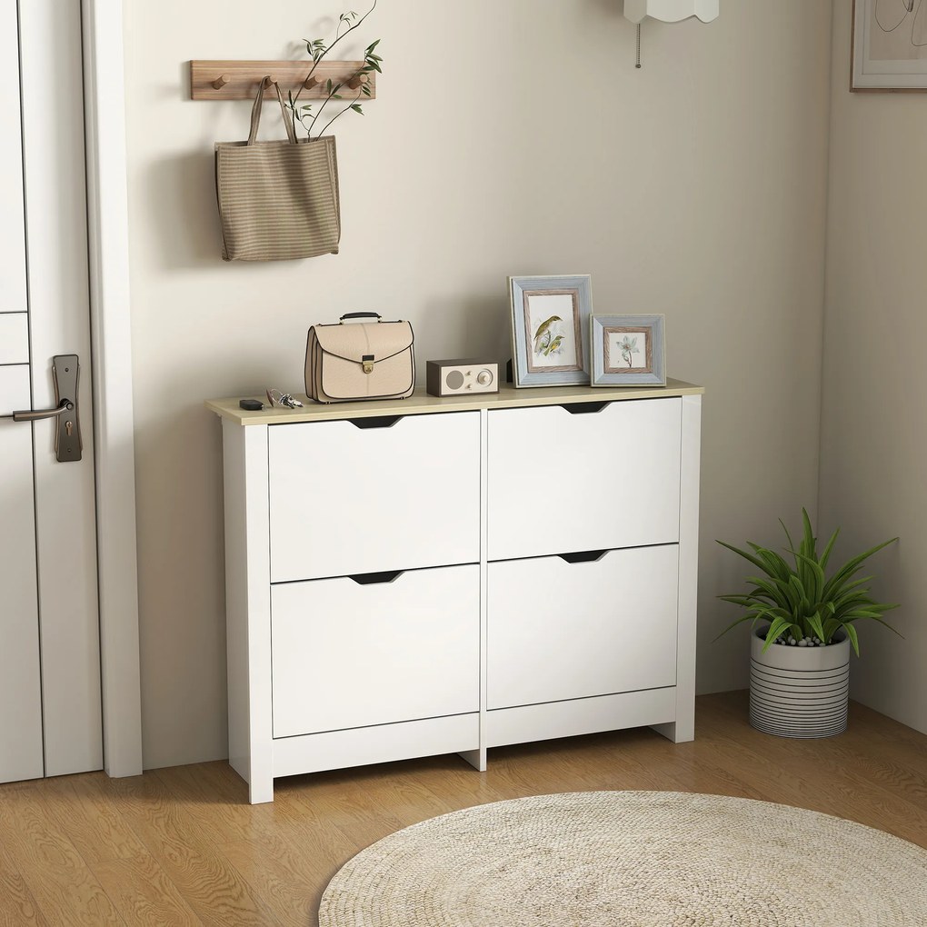Sapateira com capacidade para 16 pares 105 x 26 x 80 cm, armário estreito com 4 gavetas rebatíveis e prateleiras ajustáveis, estilo moderno, para corr