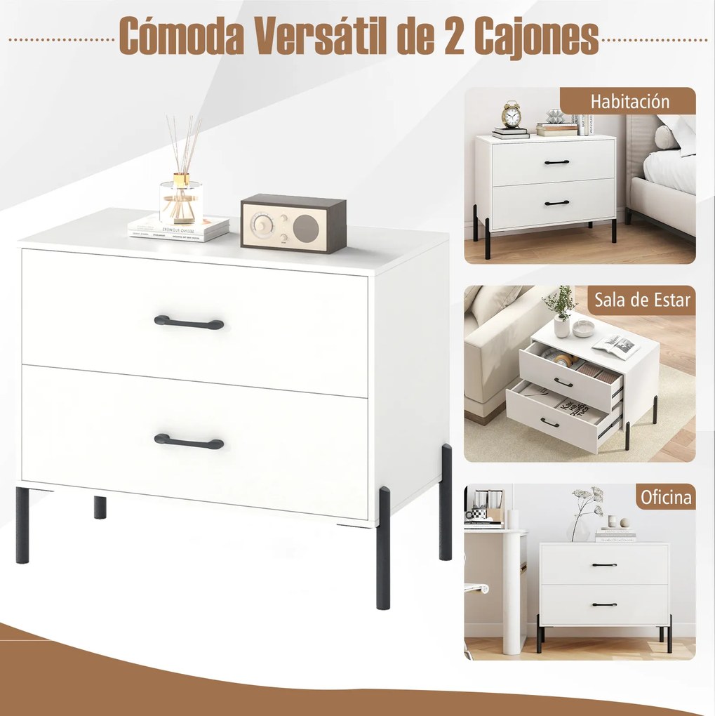 Conjunto de 2 mesas de cabeçeiras, 71 x 40 x 61 cm, 2 Gavetas, Brancas