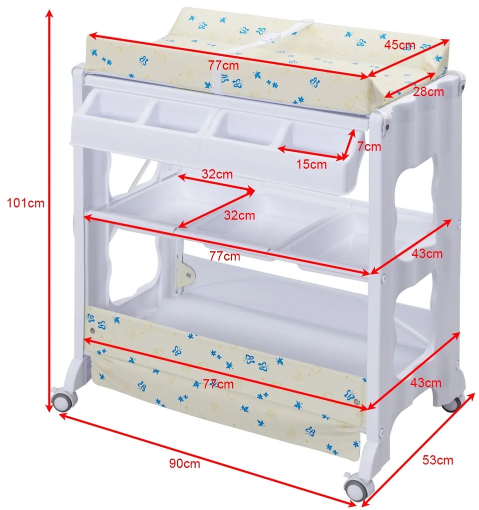 Banheira de Banho para Bebés Mesa de Mudança de Banho com Prateleira de Arrumação de Rodas com Bandeja 85 x 70 x 92 cm Bege