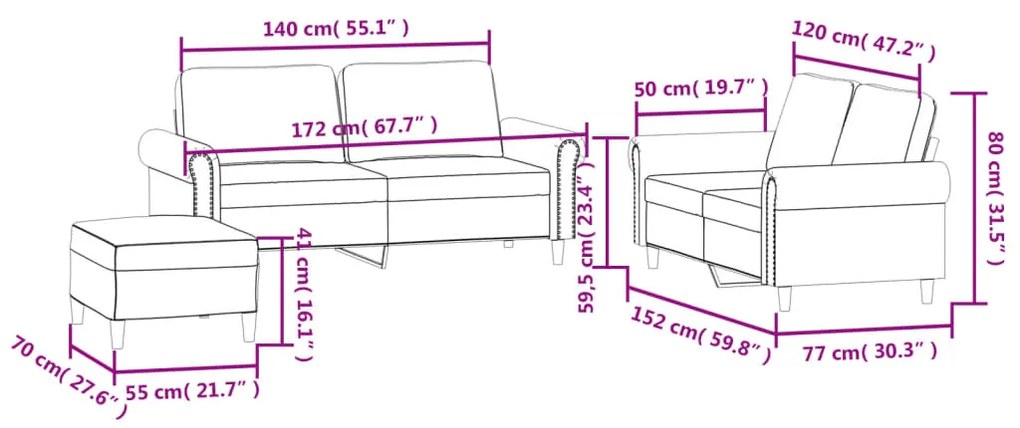 3 pcs conjunto de sofás com almofadões veludo cinzento-escuro