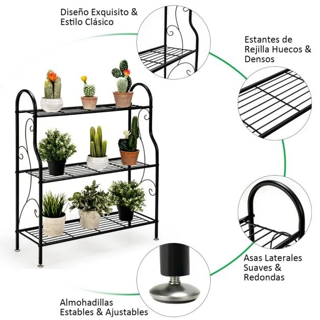 Estante metálica de 3 níveis para plantas com padrão de rolagem elegante e multifuncional 72 x 25 x 85 cm preto