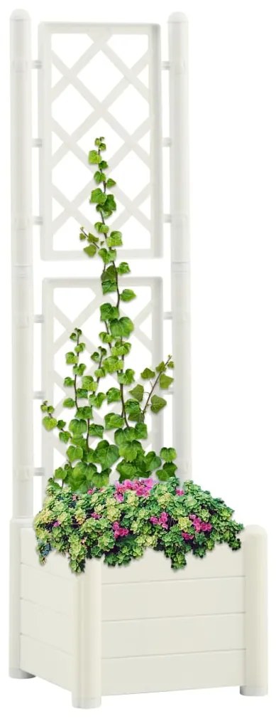 313979 vidaXL Vaso/floreira de jardim com treliça 43x43x142 cm PP branco