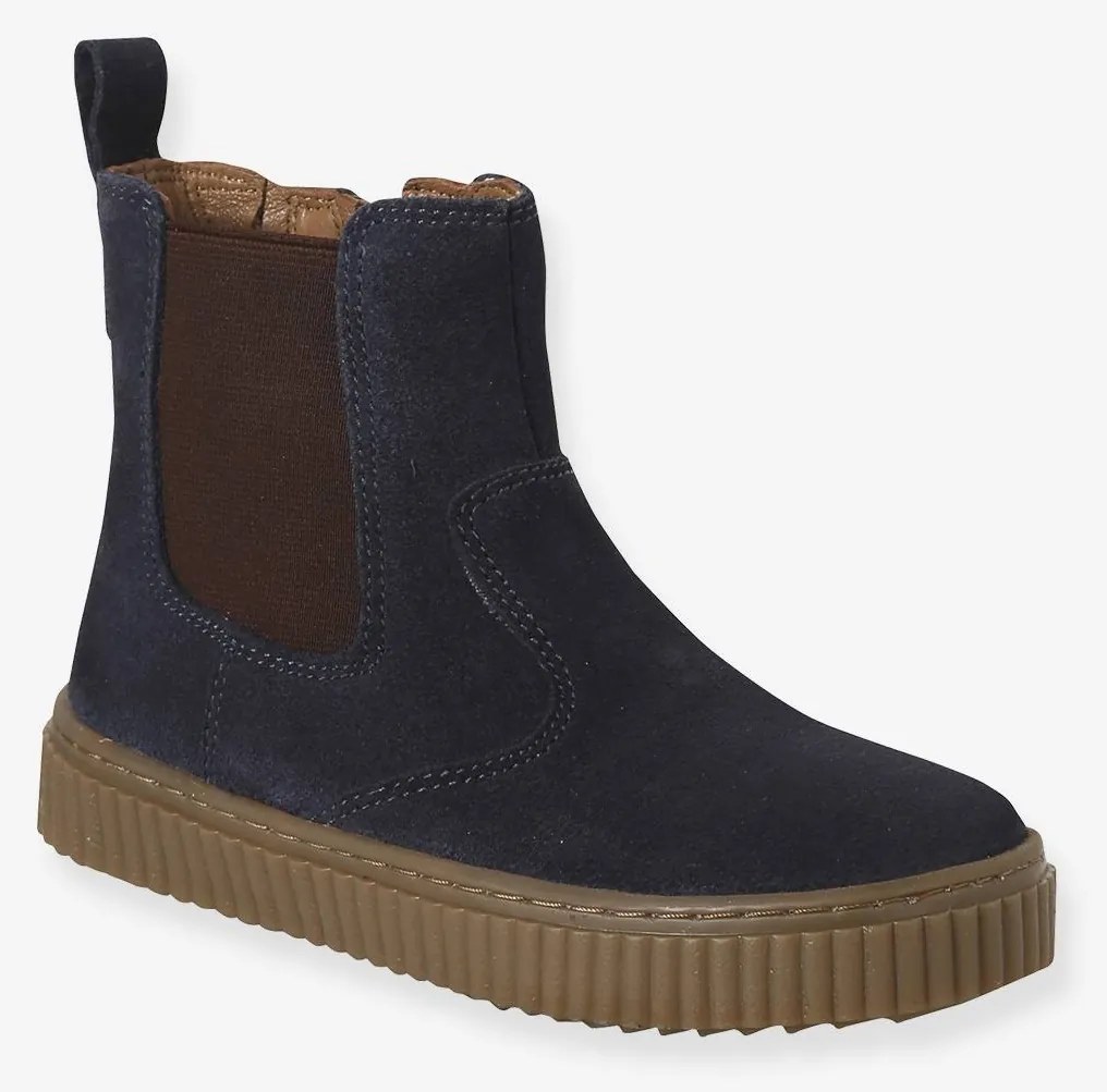 Botas Chelsea em pele, com elástico e fecho, para menino marinho