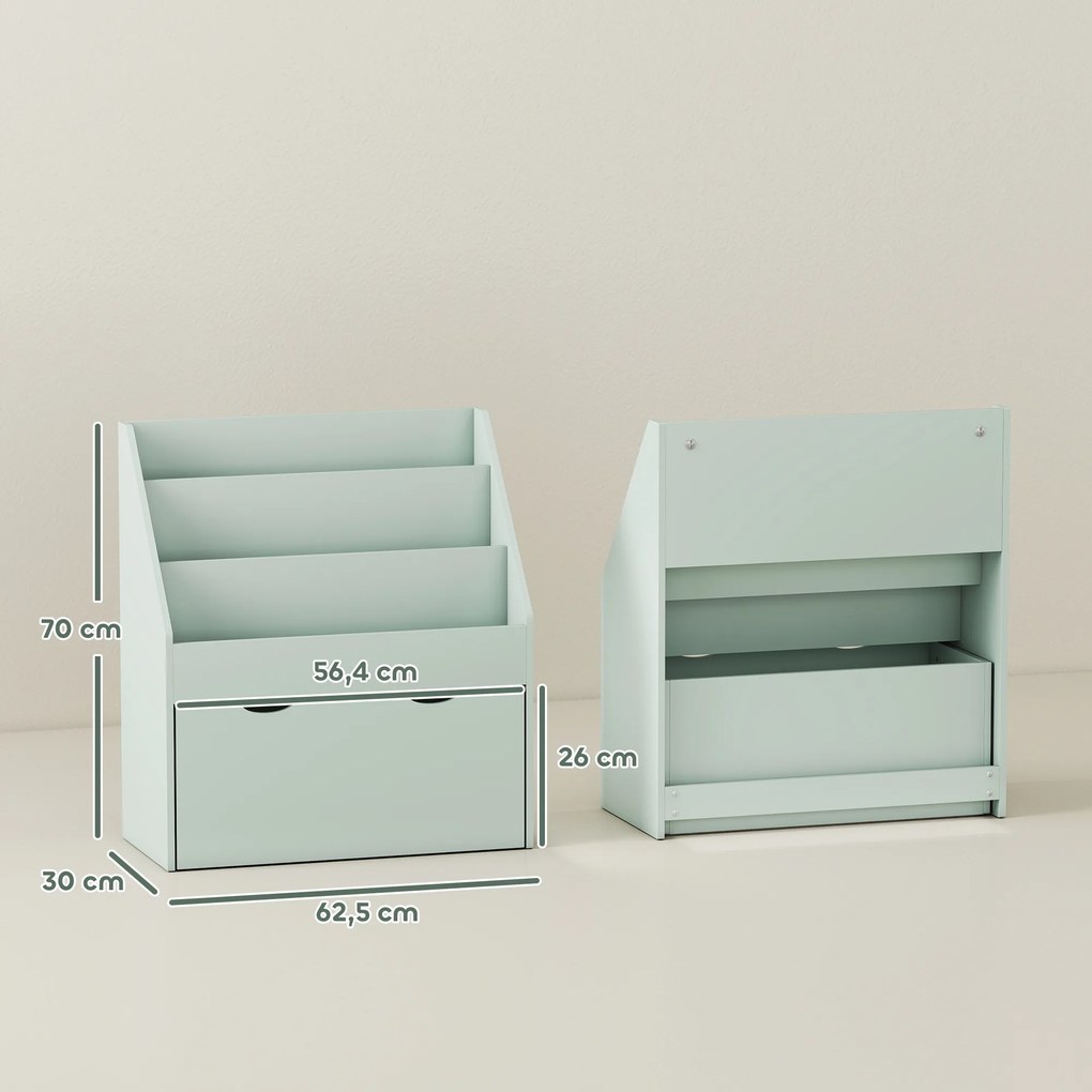 Estante infantil com vários compartimentos, com 3 níveis de prateleiras e uma gaveta, 62,5 L x 30 L x 70 A cm, verde