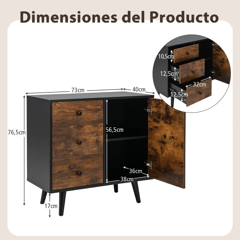 Aparador Viana com 3 Gavetas, Porta e Estante Ajustável – 73x40x76,5 c