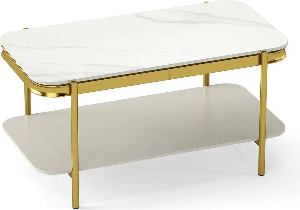 Mesa de centro 90 x 50 x 45,5 cm moderna retangular com 2 níveis, tampo sinterizado e prateleira, estrutura metálica, para sala, Branco + Dourado