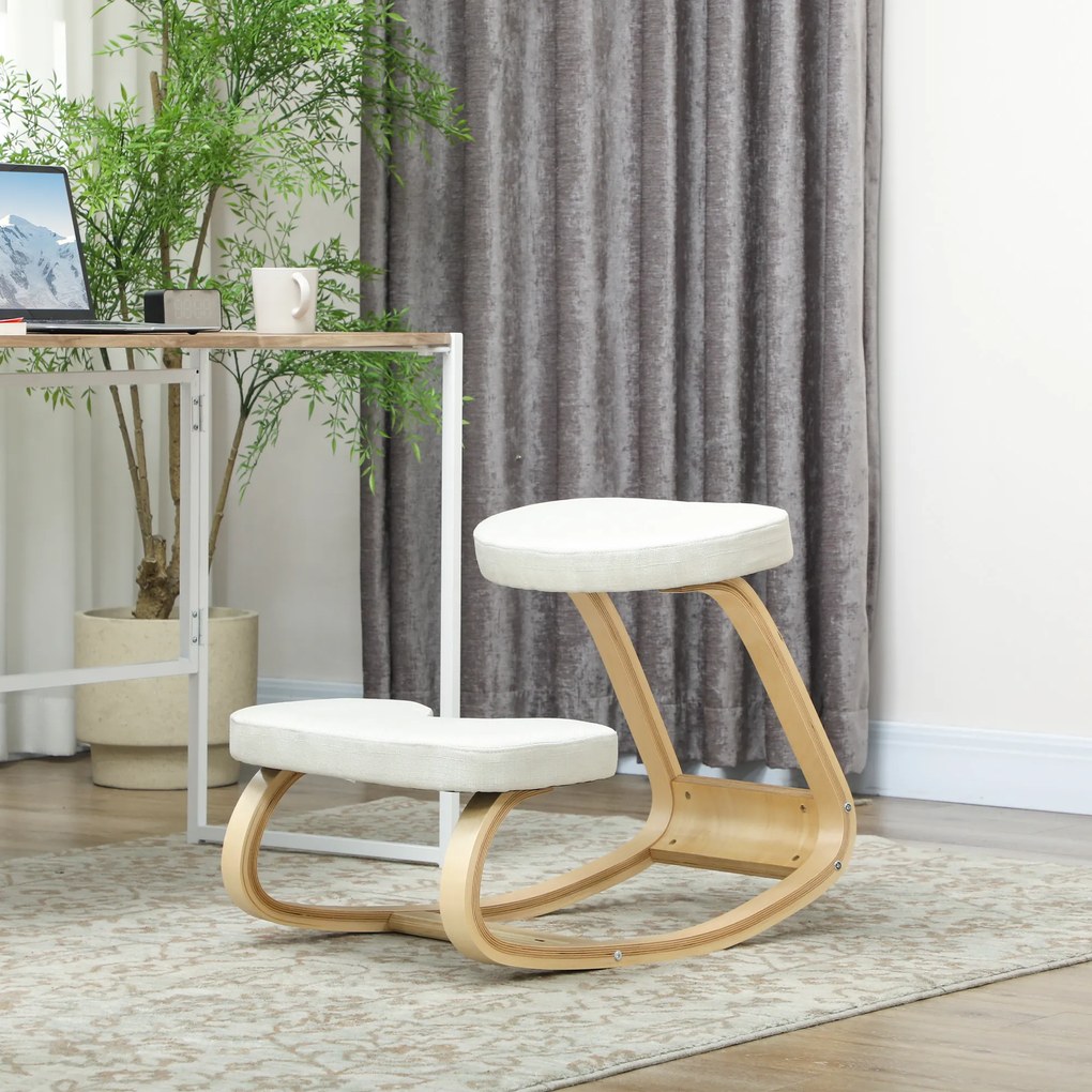 Cadeira de joelhos, cadeira ergonómica de madeira com base oscilante, cadeira de joelhos para escritório em casa, creme